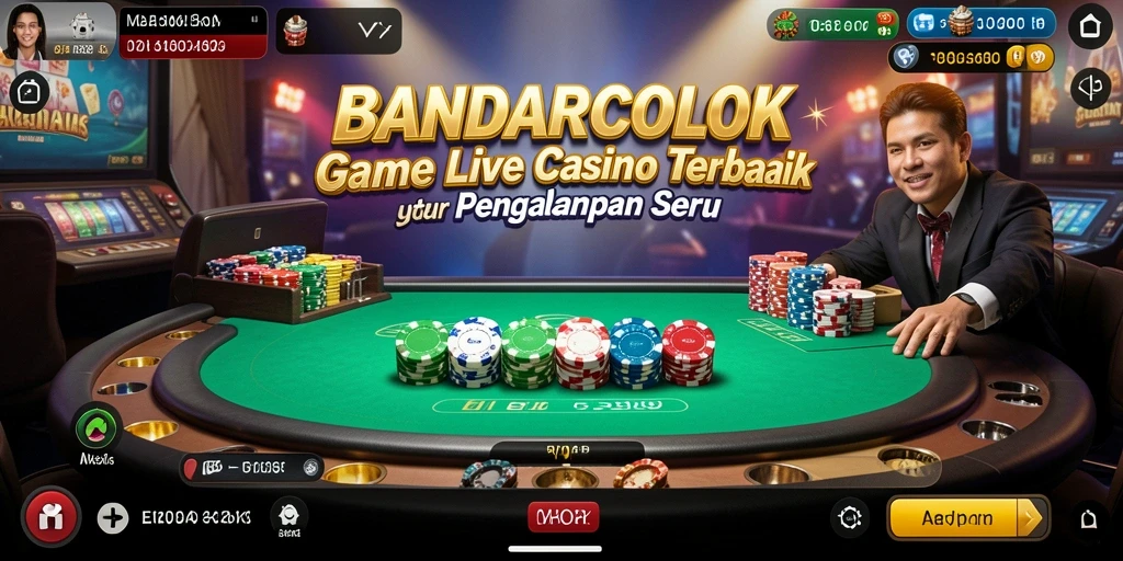 Tampilan gameplay BANDARCOLOK dengan dealer dan pemain dalam suasana kasino langsung.